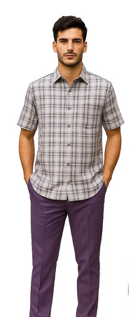 Mens Textured Plaid Walking Suit in Lavender/Off White by Dreams by Zacchi – 2 Piece Leisure Outfit-matching-shirt-and-pants-$99