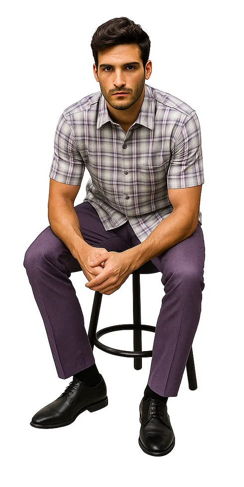 Mens Textured Plaid Walking Suit in Lavender/Off White by Dreams by Zacchi – 2 Piece Leisure Outfit-matching-shirt-and-pants-$99