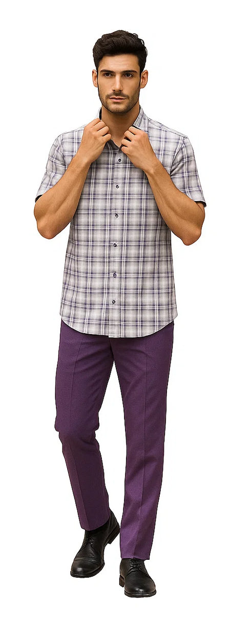 Mens Textured Plaid Walking Suit in Lavender/Off White by Dreams by Zacchi – 2 Piece Leisure Outfit-matching-shirt-and-pants-$99