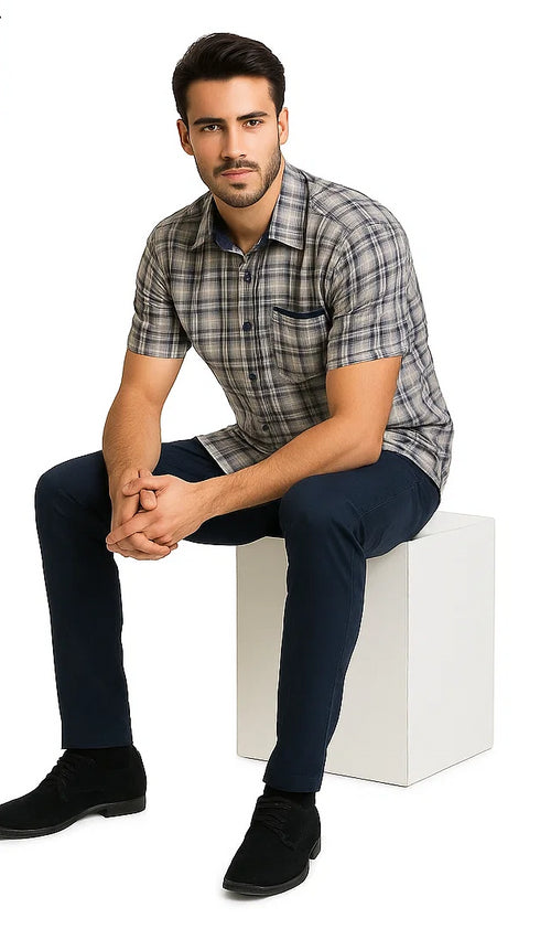 Mens Textured Plaid Walking Suit in Navy/white by Dreams by Zacchi – 2 Piece Leisure Outfit-matching-shirt-and-pants-$99