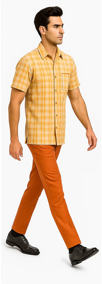 Mens Textured Plaid Walking Suit in Orange/Cream by Dreams by Zacchi – 2 Piece Leisure Outfit-matching-shirt-and-pants-$99