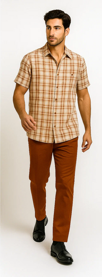 Mens Textured Plaid Walking Suit in Papaya/Cream by Dreams by Zacchi – 2 Piece Leisure Outfit-matching-shirt-and-pants-$99