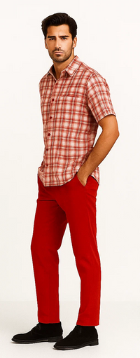 Mens Textured Plaid Walking Suit in Red/Off White by Dreams by Zacchi – 2 Piece Leisure Outfit-matching-shirt-and-pants-$99