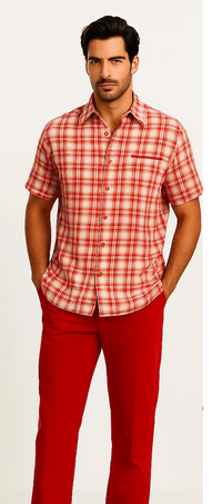 Mens Textured Plaid Walking Suit in Red/Off White by Dreams by Zacchi – 2 Piece Leisure Outfit-matching-shirt-and-pants-$99
