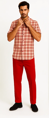 Mens Textured Plaid Walking Suit in Red/Off White by Dreams by Zacchi – 2 Piece Leisure Outfit-matching-shirt-and-pants-$99
