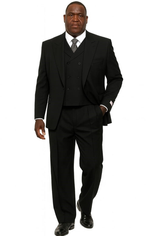 Mens Tiglio Rosso Suit - Wide Leg Baggy Pants - 100% Wool  Black Three-Piece Suit with Double-Breasted Vest and Peak Lapel