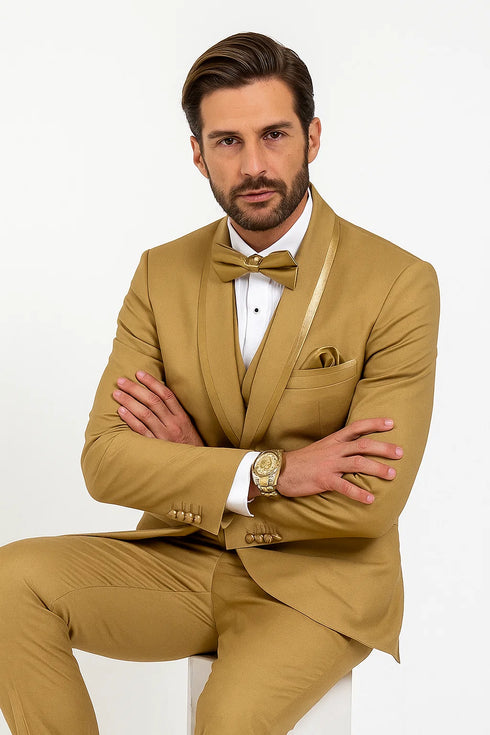 Mens Formal Champagne Tuxedo – Satin Shawl Collar Vested Suit for Prom and Weddings in Gold Color