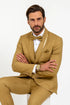 Mens Formal Champagne Tuxedo – Satin Shawl Collar Vested Suit for Prom and Weddings in Gold Color