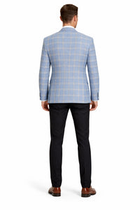 Men's Two Button Business Casual Double Blue Windowpane Sport coat