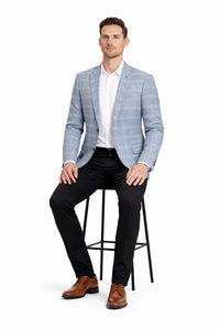 Men's Two Button Business Casual Double Blue Windowpane Sport coat
