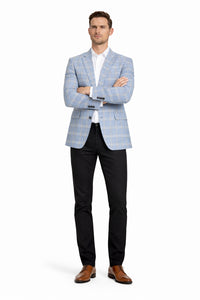 Men's Two Button Business Casual Double Blue Windowpane Sport coat