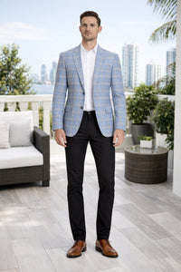 Men's Two Button Business Casual Double Blue Windowpane Sport coat