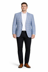 Men's Two Button Business Casual Double Blue Windowpane Sport coat