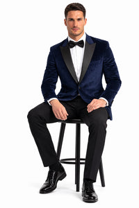 Mens Two Button Peak Lapel Velvet Wedding & Navy Blue Prom Tuxedo Jacket