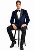 Mens Two Button Peak Lapel Velvet Wedding & Navy Blue Prom Tuxedo Jacket