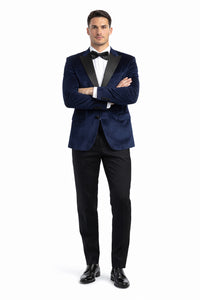 Mens Two Button Peak Lapel Velvet Wedding & Navy Blue Prom Tuxedo Jacket