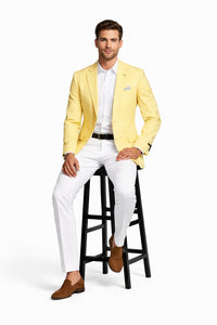 Mens Two Button Slim Fit Linen Style Lemon Yellow Summer Blazer