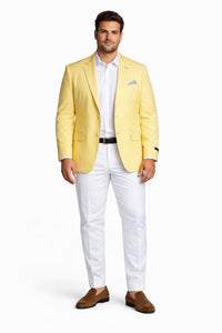 Mens Two Button Slim Fit Linen Style Lemon Yellow Summer Blazer