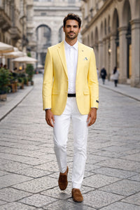 Mens Two Button Slim Fit Linen Style Lemon Yellow Summer Blazer