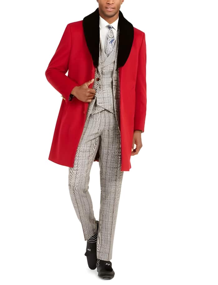 Men's Two Front Slash Pockets Fully Lined Faux-Fur Trim Overcoat ...