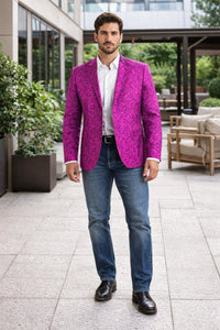Mens Western Blazer - Paisley Pattern Cowboy Tuxedo Jacket in Color Fuchsia
