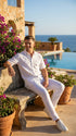 Mens White Embroidered Walking Suit Set – Short Sleeve Shirt and Pants Casual Summer Outfit for Vacation, Beach and Everyday Wear