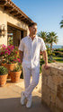 Mens White Embroidered Walking Suit Set – Short Sleeve Shirt and Pants Casual Summer Outfit for Vacation, Beach and Everyday Wear