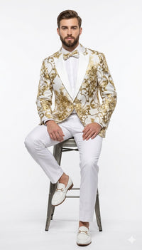 Mens White and Gold Floral Tuxedo Jacket with Satin Lapel – Luxury Prom, Wedding, and Formal Dinner Blazer