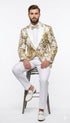 Mens White and Gold Floral Tuxedo Jacket with Satin Lapel – Luxury Prom, Wedding, and Formal Dinner Blazer