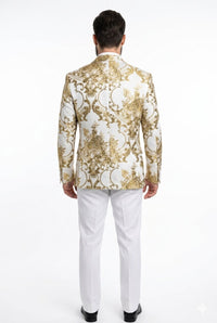 Mens White and Gold Floral Tuxedo Jacket with Satin Lapel – Luxury Prom, Wedding, and Formal Dinner Blazer