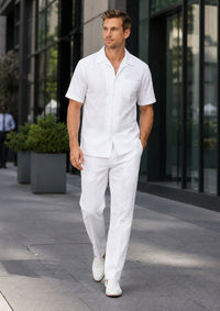 Mens White Seersucker Walking Suit Set – Casual Summer Short Sleeve Outfit with Matching Pants Lightweight Two Piece Set