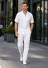 Mens White Seersucker Walking Suit Set – Casual Summer Short Sleeve Outfit with Matching Pants Lightweight Two Piece Set