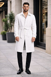 Men's White Wool Belted Long Coat – Classic Overcoat for Formal Wear, Wedding Full length