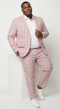 Mens Pink and Black Plaid Designer Suit Set – Stylish Suit with Check Pattern Jacket and Windownpane Summer Color