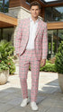 Mens Pink and Black Plaid Designer Suit Set – Stylish Suit with Check Pattern Jacket and Windownpane Summer Color