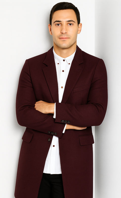 Mens Wool Burgundy ~ Wine Wool Coat ~ Car coat ~Peacoat By Alberto Nardoni