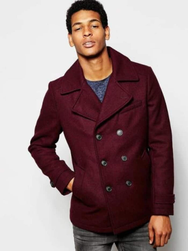 Men's Wool Burgundy ~ Wine Wool Double Breasted Coat ~ Designer men's Wool Peacoat Sale