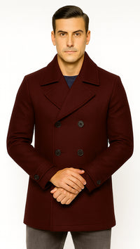 Men's Wool Burgundy ~ Wine Wool Double Breasted Coat ~ Designer men's Wool Peacoat Sale