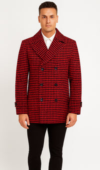Mens Wool Plaid Peacoat - Plaid Pattern Wool Burgundy Coat