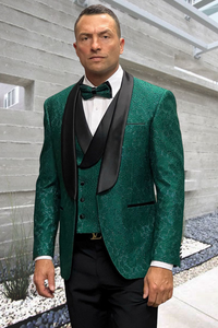 Men’s Floral Lace Hunter Green Tuxedo Set – Premium Vested Wedding Suit