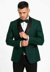 Men’s Floral Lace Hunter Green Tuxedo Set – Premium Vested Wedding Suit