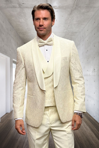 Men’s Ivory Floral Lace Tuxedo – Premium Vested Groom Wedding Outfit