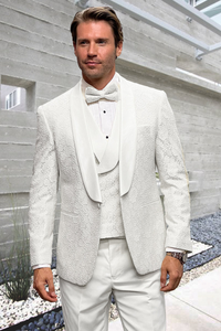 Men’s White Floral Lace Tuxedo – Premium Vested Groom Wedding Outfit