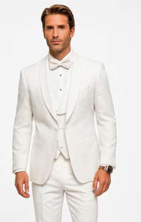 Men’s White Floral Lace Tuxedo – Premium Vested Groom Wedding Outfit