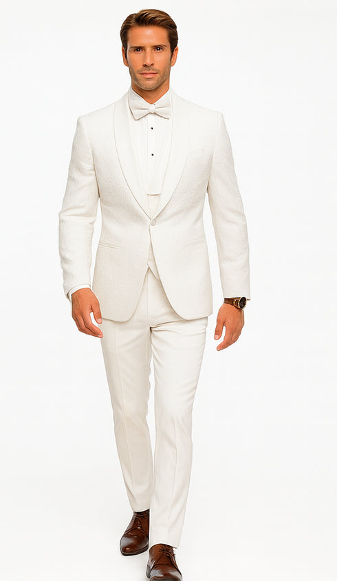 Men’s White Floral Lace Tuxedo – Premium Vested Groom Wedding Outfit