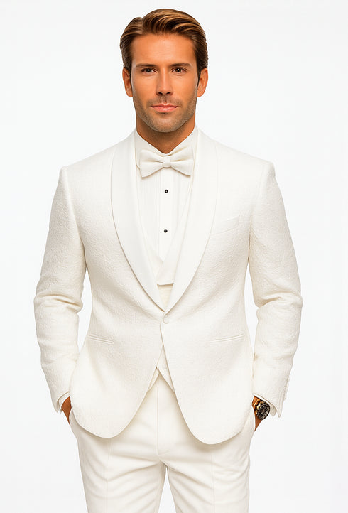 Men’s White Floral Lace Tuxedo – Premium Vested Groom Wedding Outfit