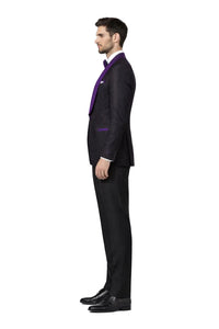 Mens Black With Purple Velvet Lapel 3-Piece Tailored-Fit Tuxedo