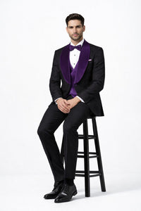 Mens Black With Purple Velvet Lapel 3-Piece Tailored-Fit Tuxedo