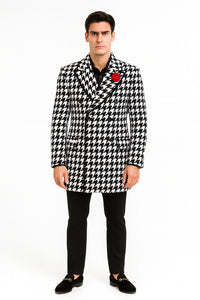 Mens Houndstooth Peacoat - Black White Check Houndstooth Wool Carcoat