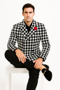 Mens Houndstooth Peacoat - Black White Check Houndstooth Wool Carcoat